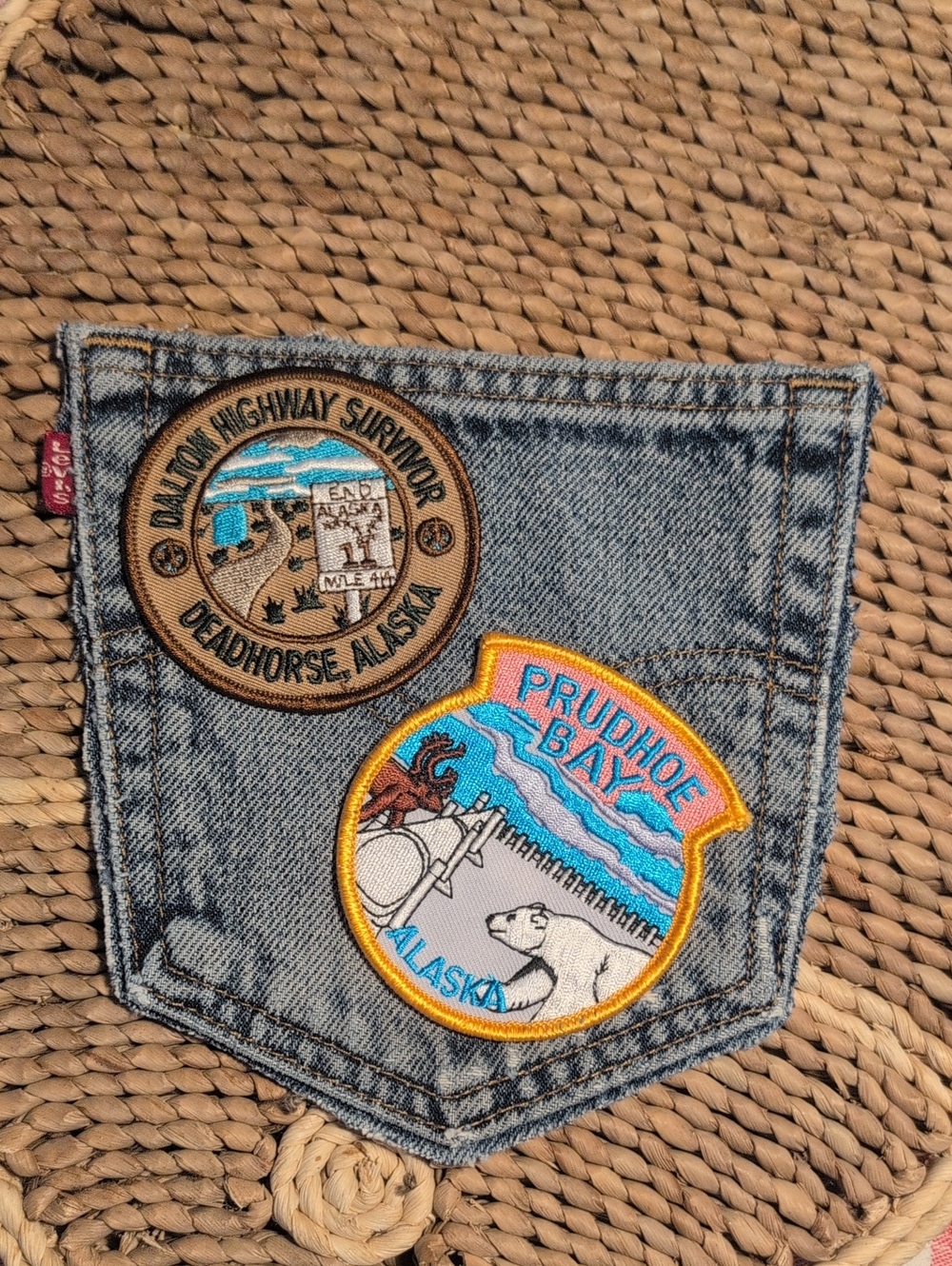 Hand Crafted Levi's Red Tag Denim Pocket With 2 Great Alaska Patches